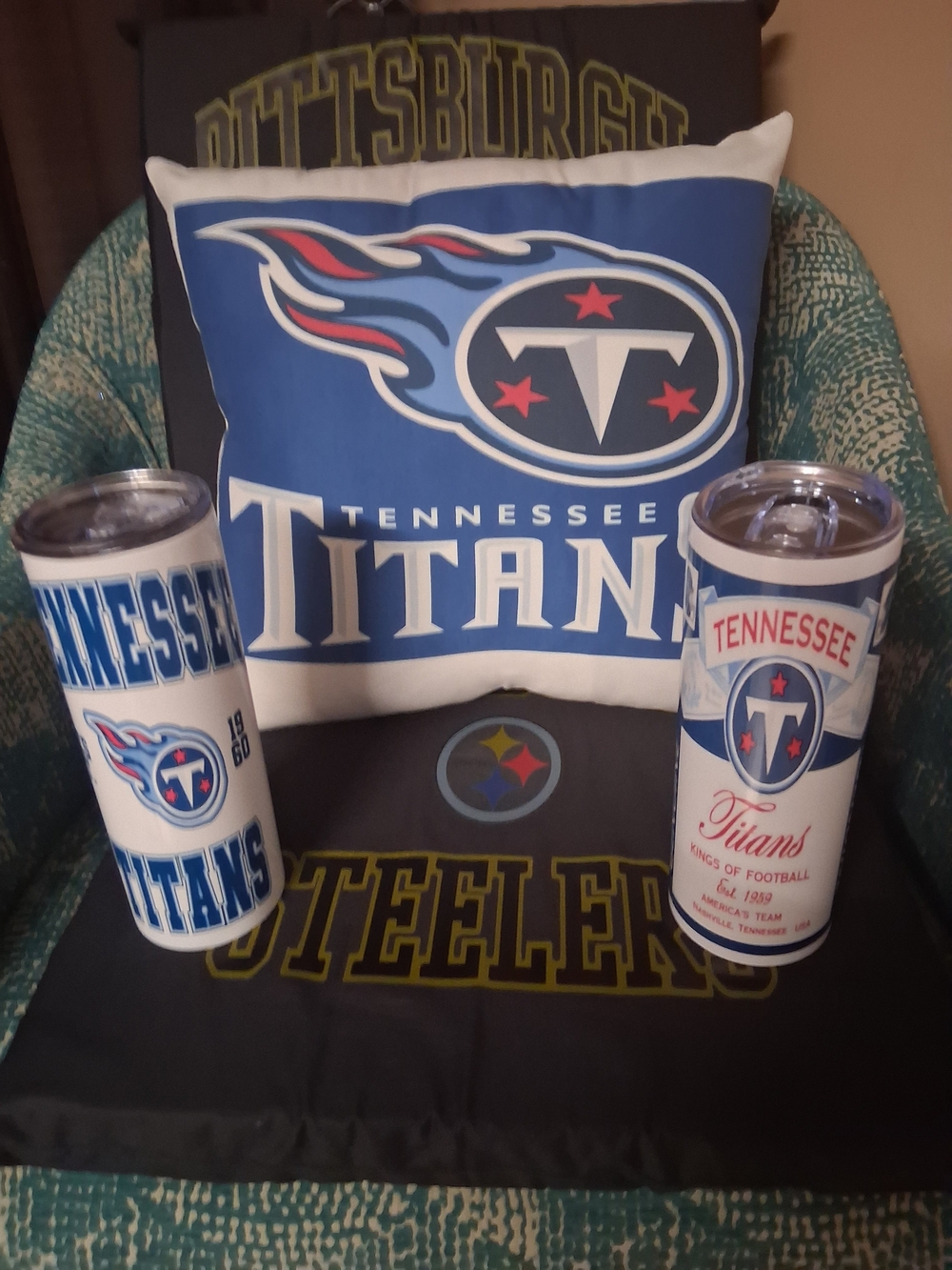 Titan Tennessee Blue and White Logo Pillow with Matching Tumblers